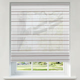 Berissa Canvas with Walnut Stripes Roman Shades elevating a window with modern elegance and natural warmth.