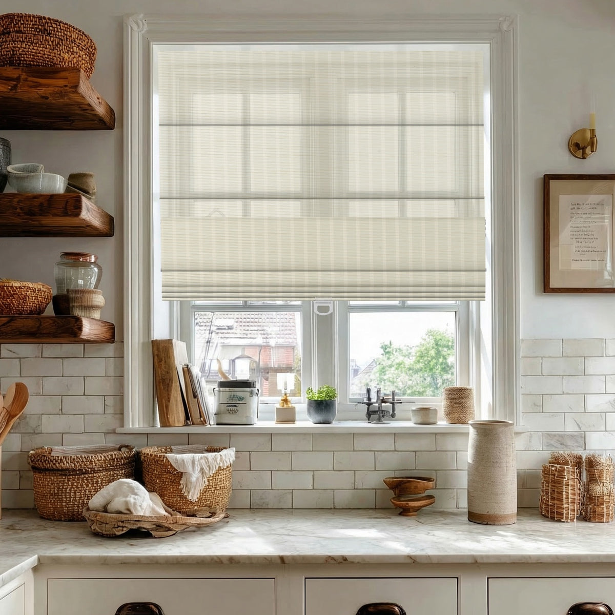 Berissa Natural Style Faux Bamboo Roman Shades in a bright kitchen window with natural decor elements.