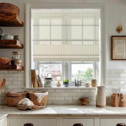 Berissa Natural Style Faux Bamboo Roman Shades in a bright kitchen window with natural decor elements.