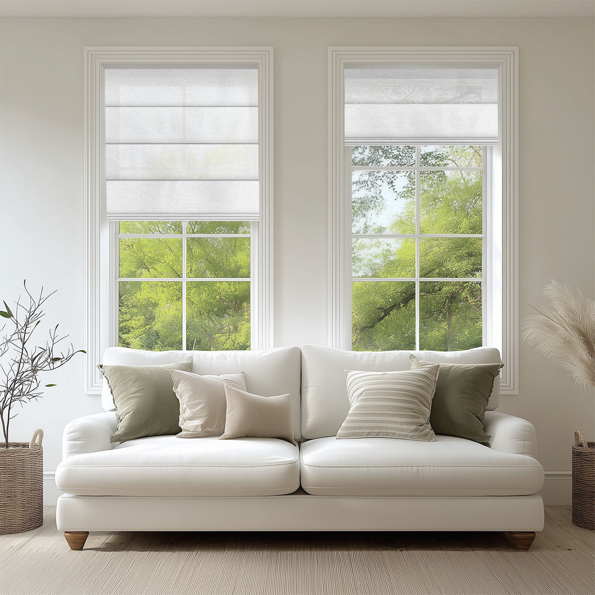 Living room featuring Berissa Custom Flat Fold Roman Shade Cordless over windows and a cozy white sofa.