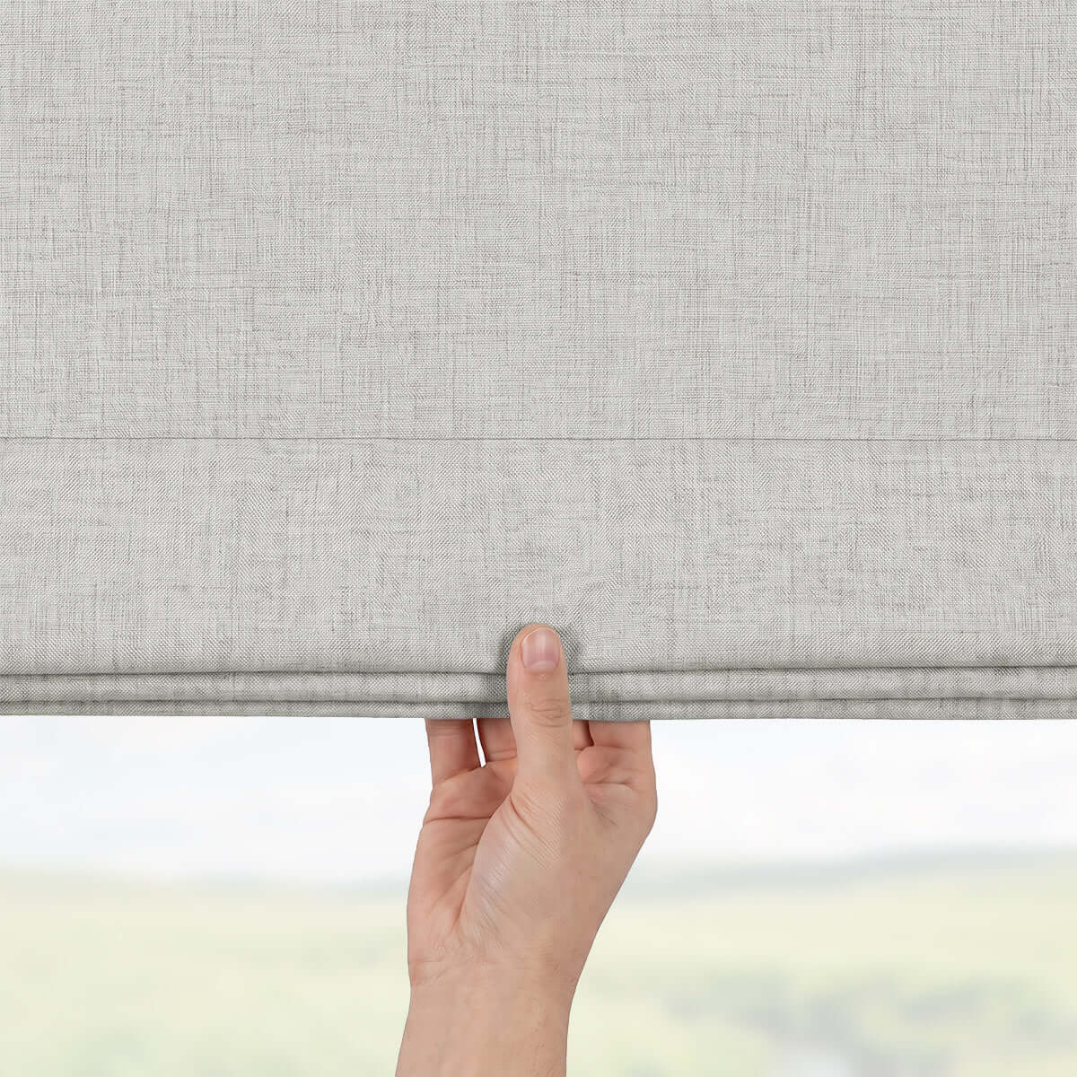 Berissa Charcoal Linen No Tool No Drill TDBU Roman Shades close-up with hand adjusting