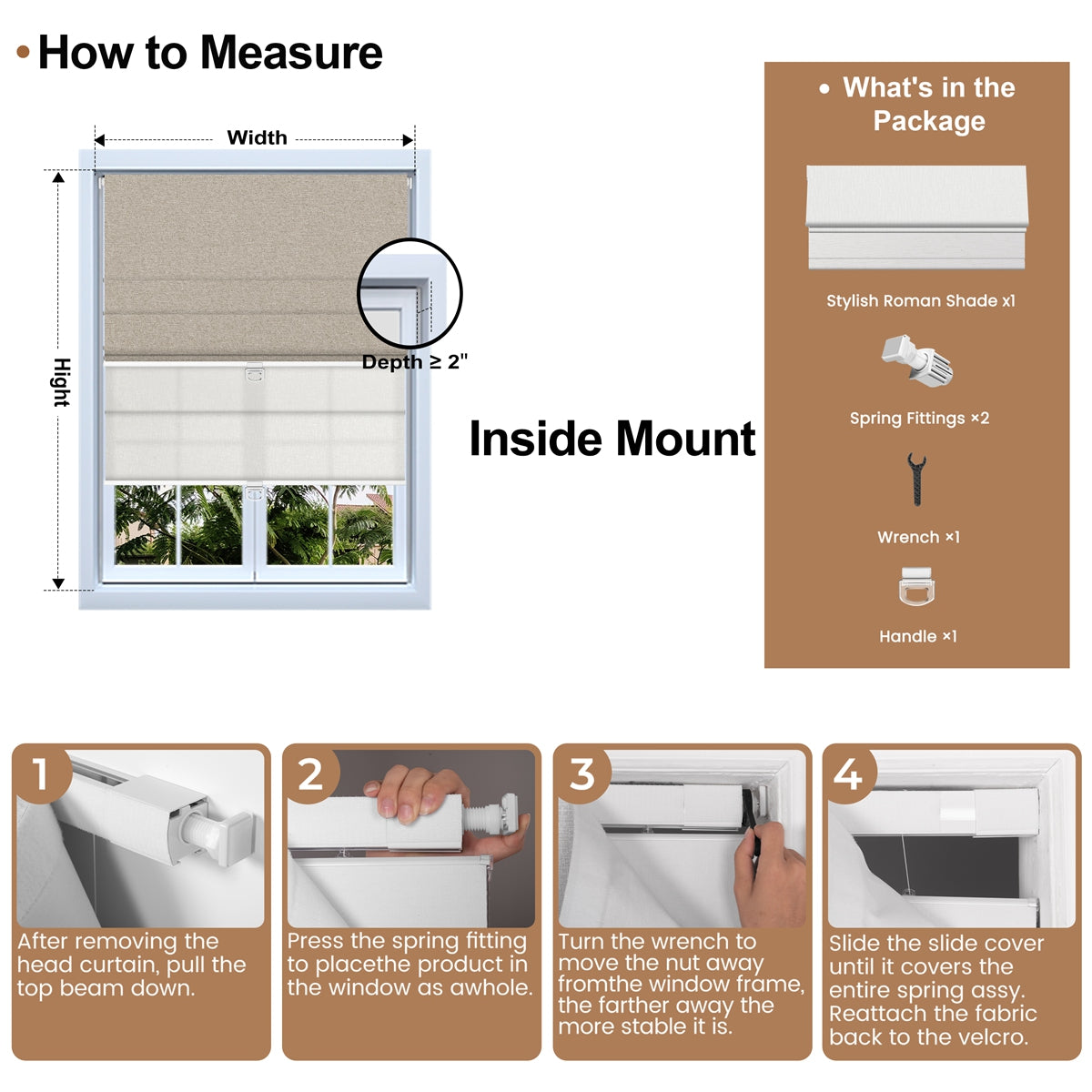How to measure for Berissa Day Night Soft Elegant Blackout Custom Color Roman Shades inside mount installation guide.