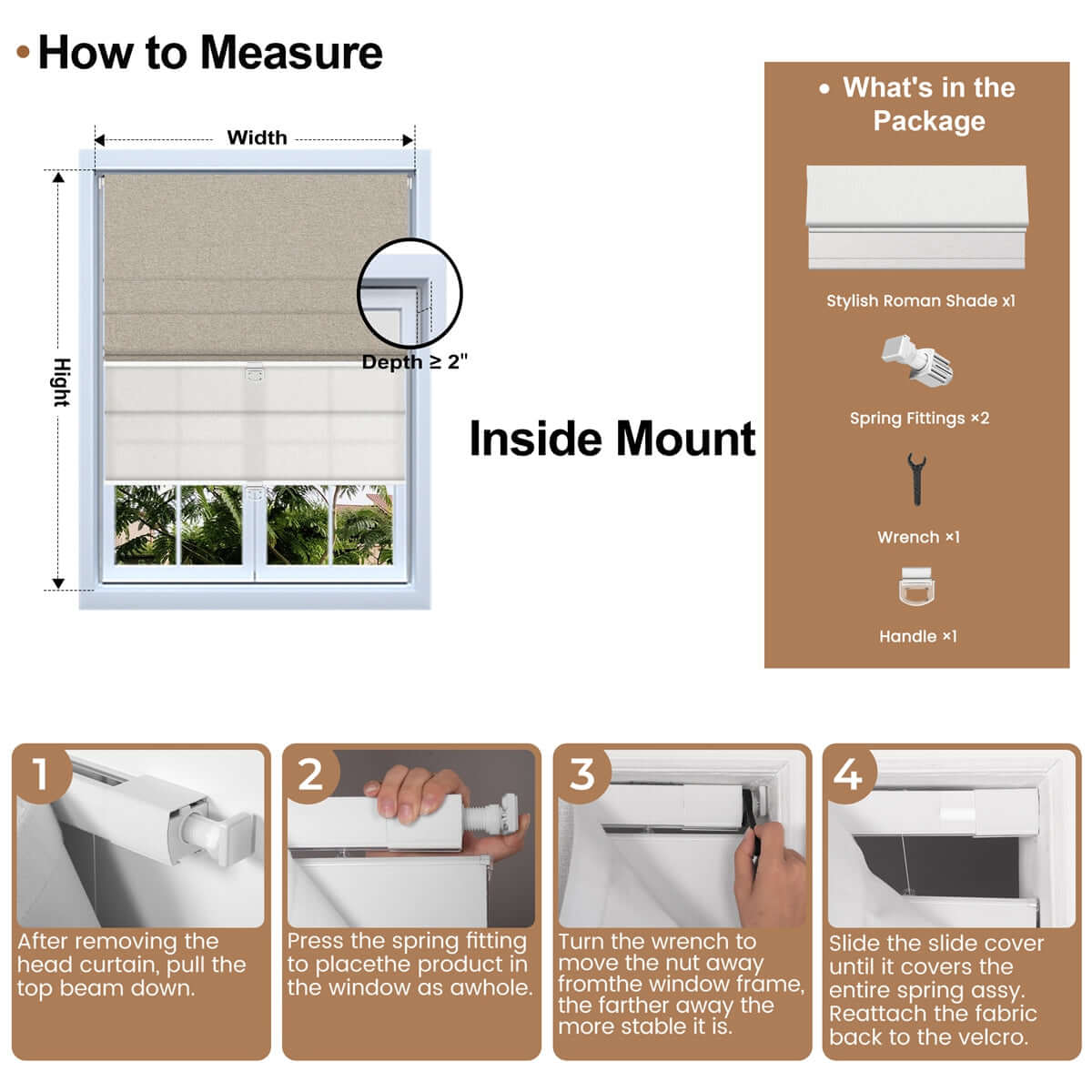Berissa Day Night Soft Elegant Blackout Custom Color Roman Shades: Installation & Hardware Diagram