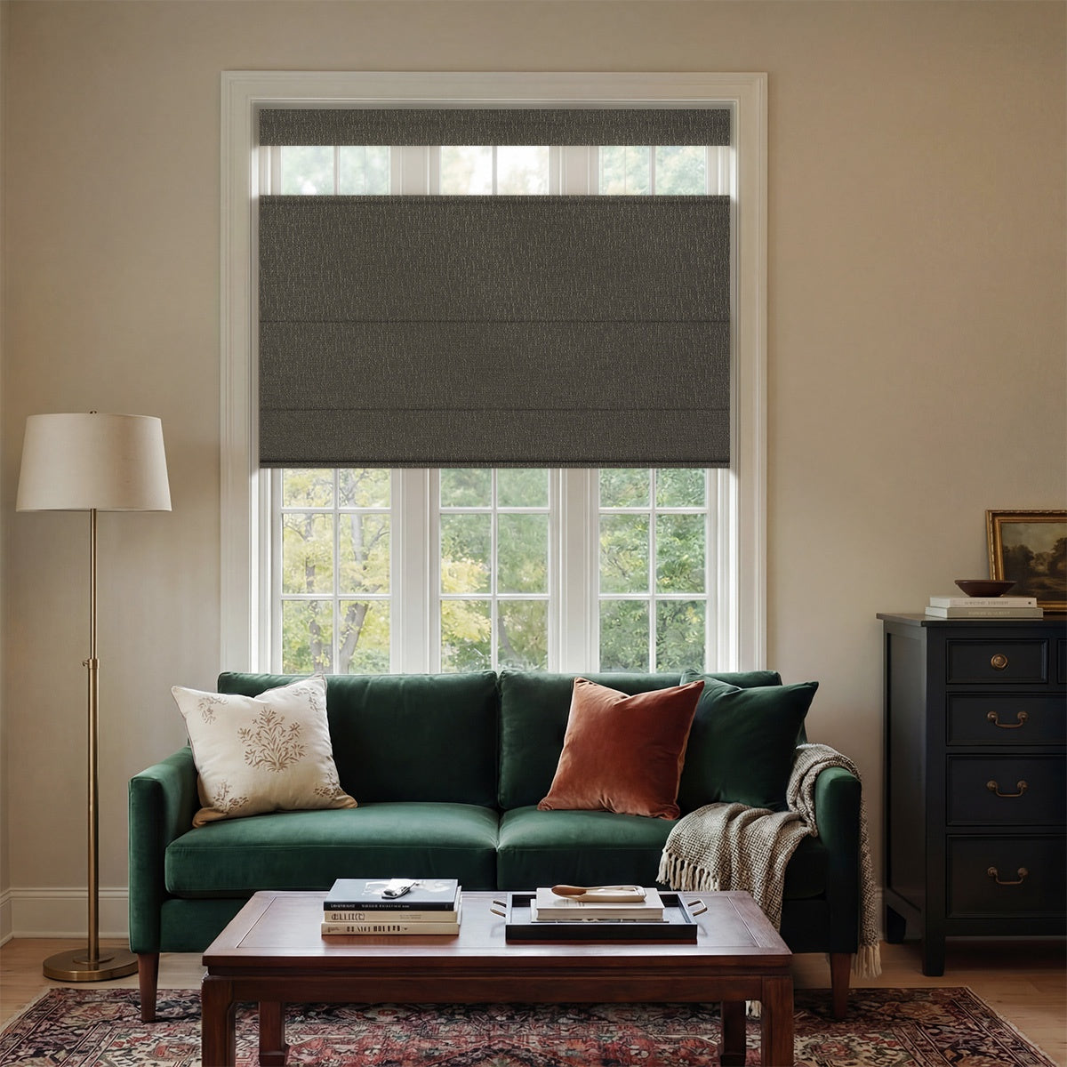 Berissa Linen Look Blackout Flat Fold  Top Down Bottom Up Roman Shade in a stylish living room setting