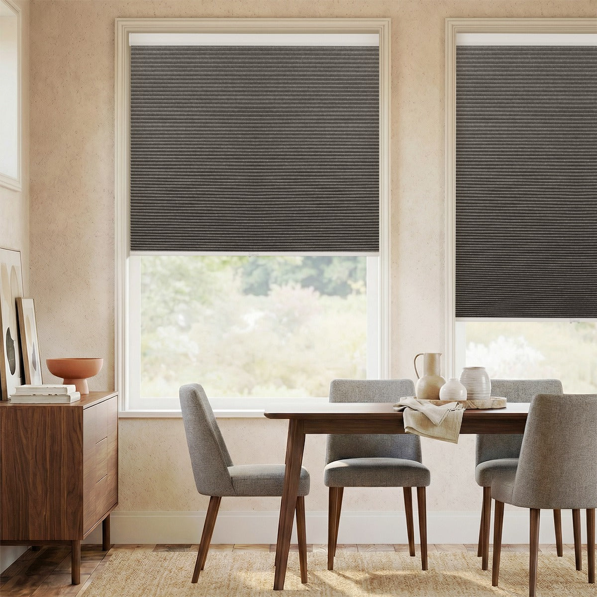 Berissa Blackout  Jacquard Textured Honeycomb Cellular Shades in a modern dining room setting.