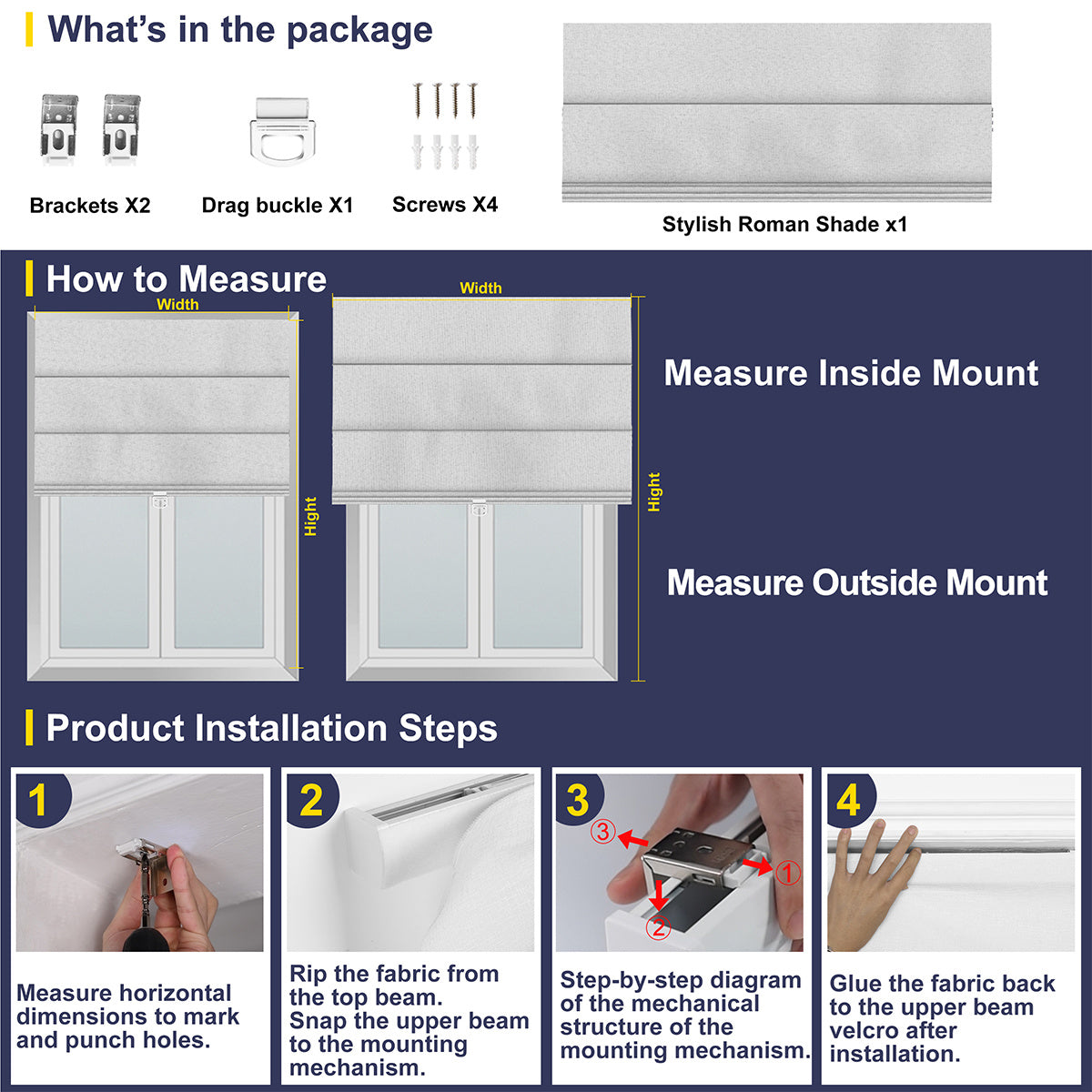 Berissa Classic Roman Shades Cordless Child Safe installation guide with measuring instructions and package contents.