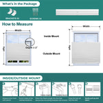 Instructions and components for Berissa 1.5 Inch Heat Insulated Top Down Bottom Up Cellular Blinds installation and measurement.
