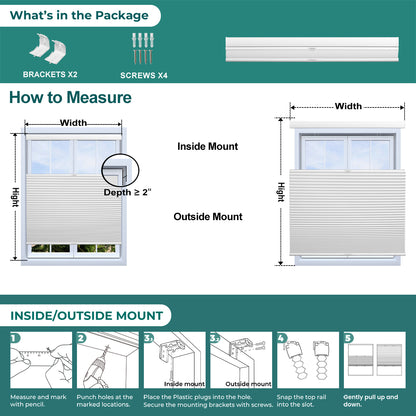 Instructions and components for Berissa 1.5 Inch Heat Insulated Top Down Bottom Up Cellular Blinds installation and measurement.