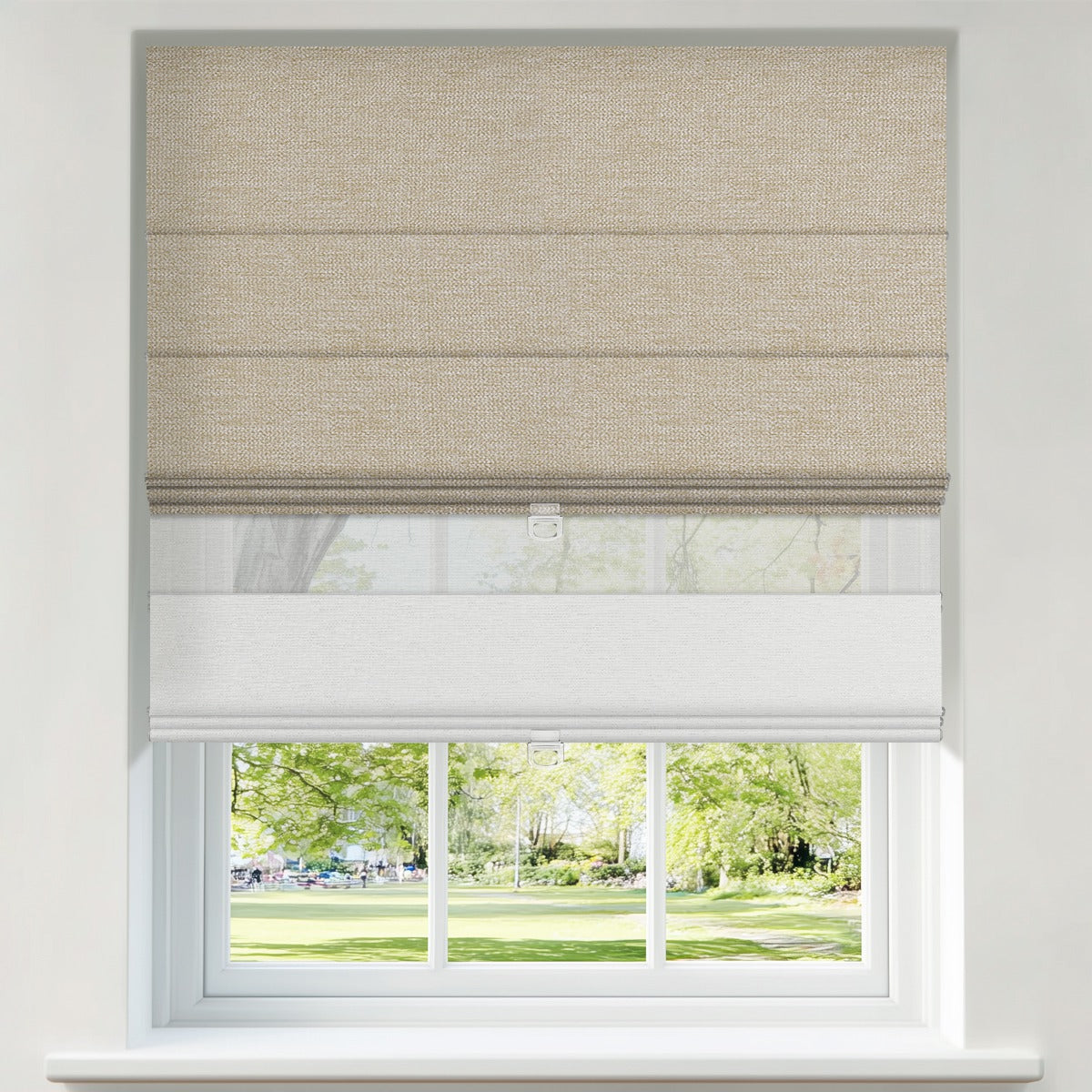 Berissa Double Shades HanDe Series Blackout and Semi View White Roman Shades: Product Showcase Image