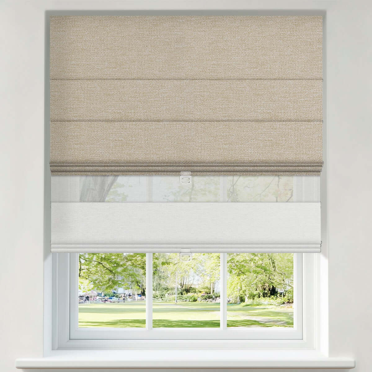 Berissa Double Shades HanDe Series Blackout and Semi View White Roman Shades: Product Showcase Image