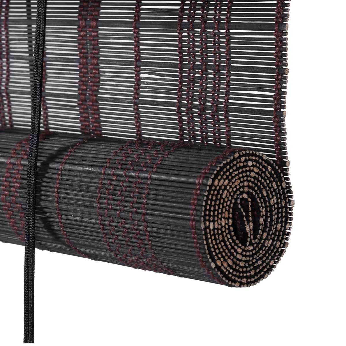 Berissa Custom Natural Outdoor Bamboo Roll Up Shades: Weave details of the shade when rolled up