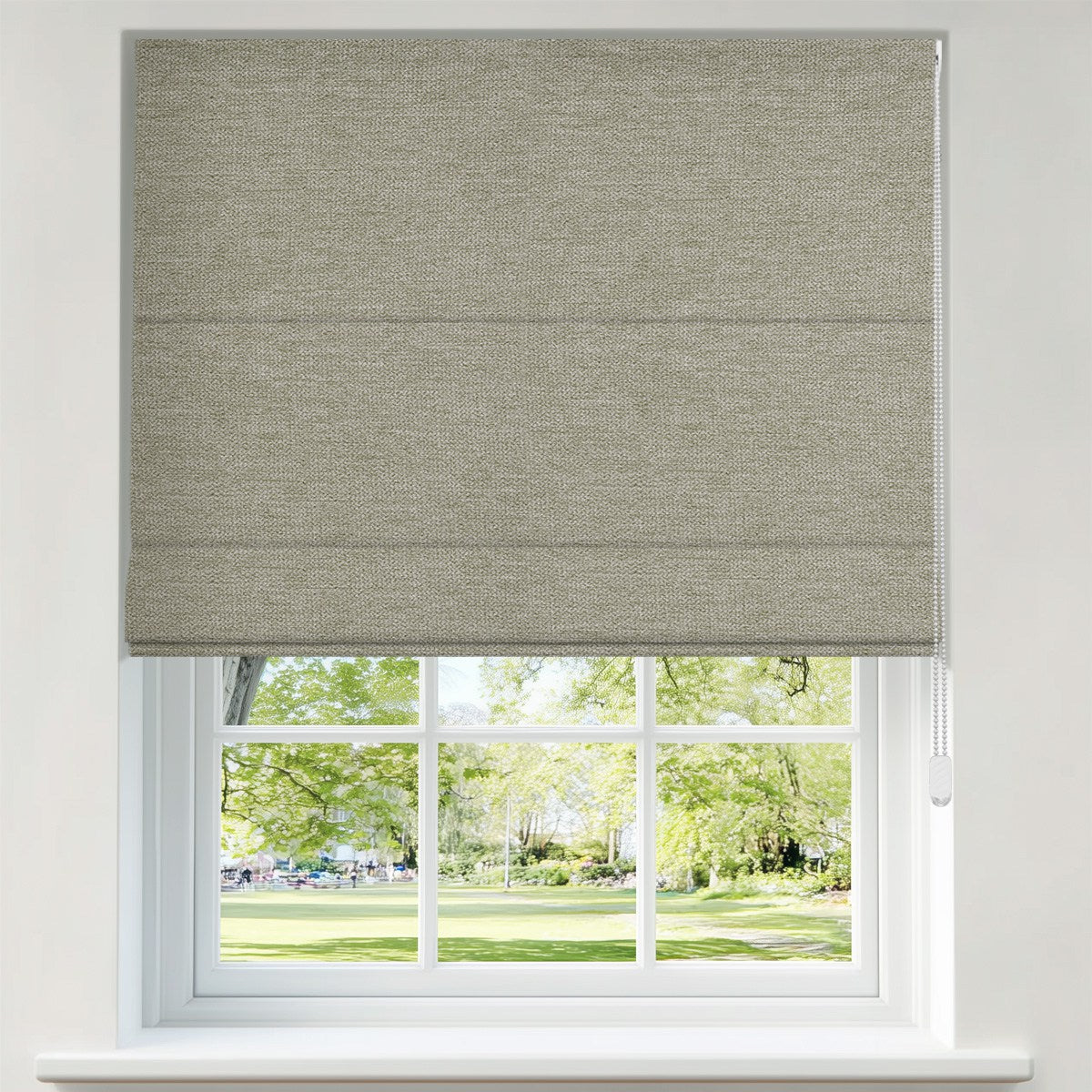 Berissa Smooth Cord Operation Blackout Linen No Drill Roman Shades installed on a window blocking sunlight.