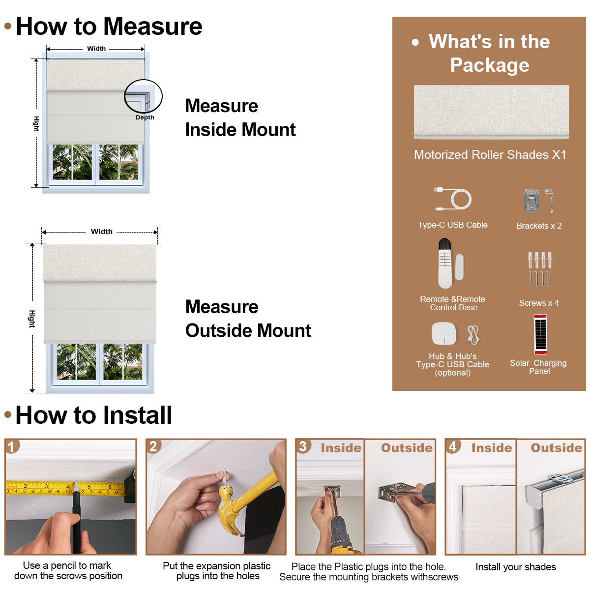 Berissa Custom Blackout and Light Filtering Splicing Motorized Remote Roman Shades: Installation & Hardware Diagram 