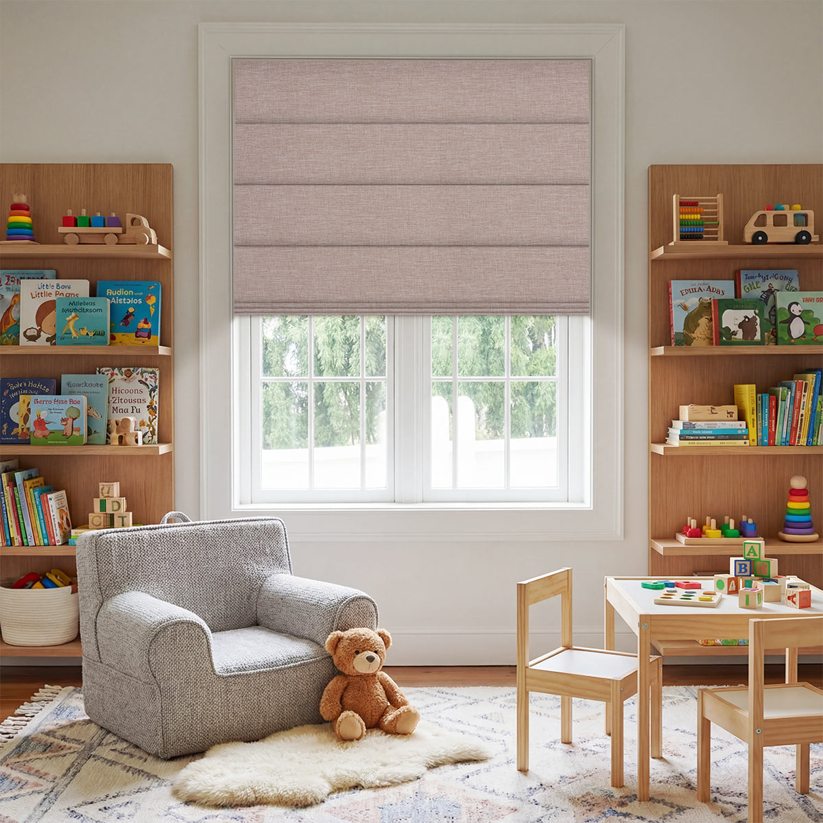 Berissa Simple Colors Uplifting Spaces Premium Linen Roman Shades in a cozy kids' room with books and toys.