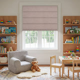 Berissa Simple Colors Uplifting Spaces Premium Linen Roman Shades in a cozy kids' room with books and toys.