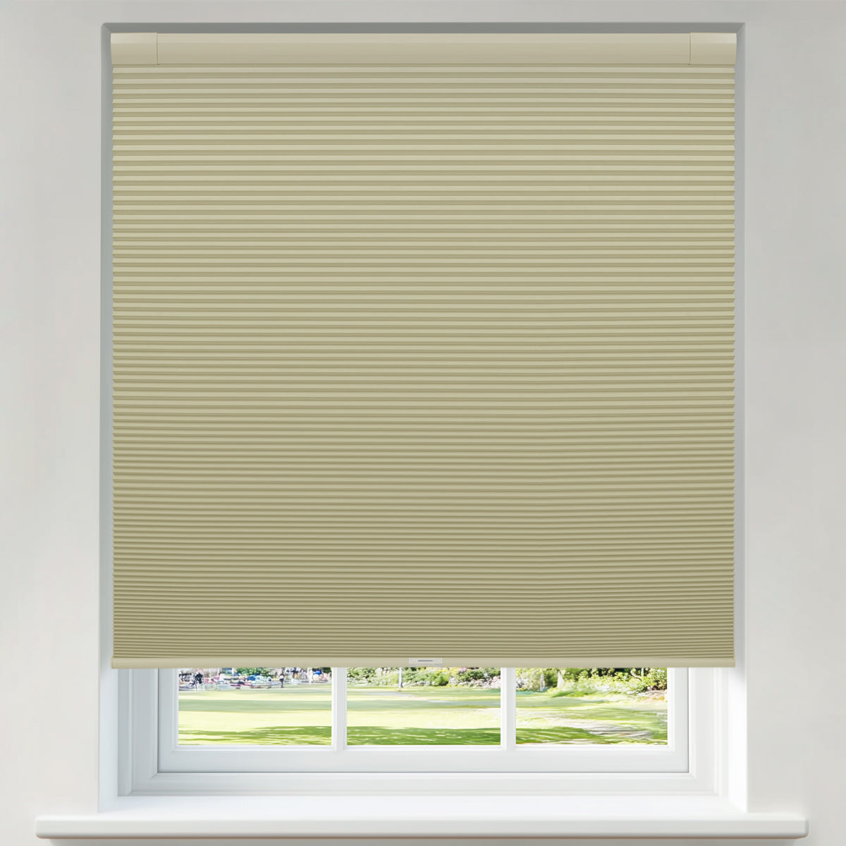 Berissa Budget-Friendly Classic No Drill  Easy-Install Cellular Shades in light beige color installed on a window.