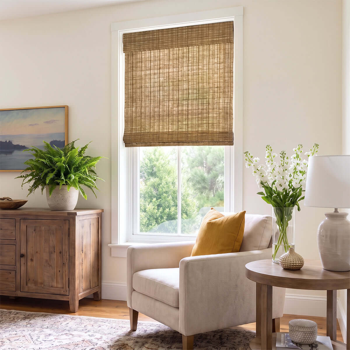 Berissa Natural Bamboo Ramie Woven No Drill No Tool Shades showcasing warm textures in a cozy living room setting.