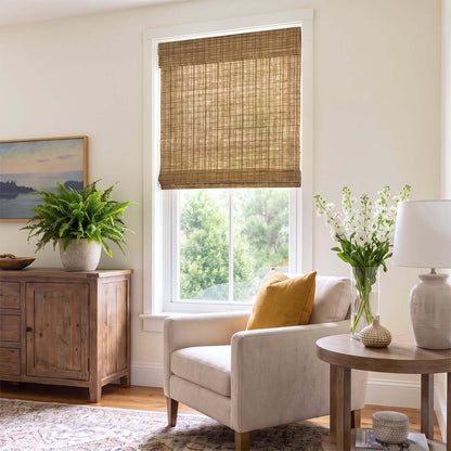 Berissa Natural Bamboo Ramie Woven No Drill No Tool Shades showcasing warm textures in a cozy living room setting.