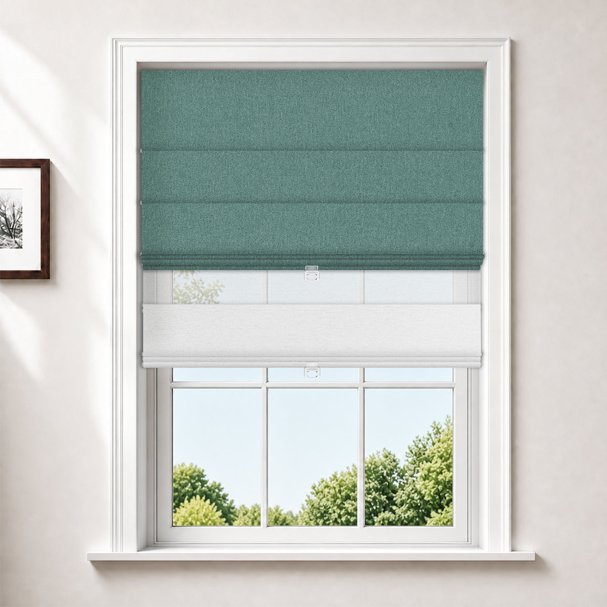 Berissa Vintage Blackout Green No Drill Double Shades Roman Shades