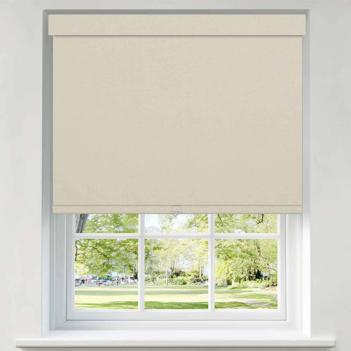 Berissa Integrated Valance Linen Texture Roller Shades installed on a window, showcasing a soft beige texture.