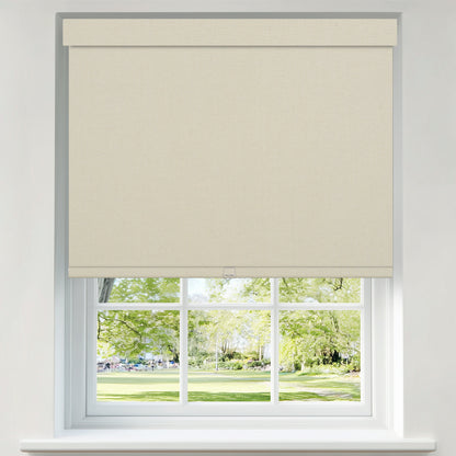 Berissa Integrated Valance Linen Texture Roller Shades installed on a window, showcasing a soft beige texture.