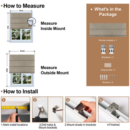 Berissa Classic Linen Glow Roman Shades Cordless Child Safe: Installation & Hardware Diagram