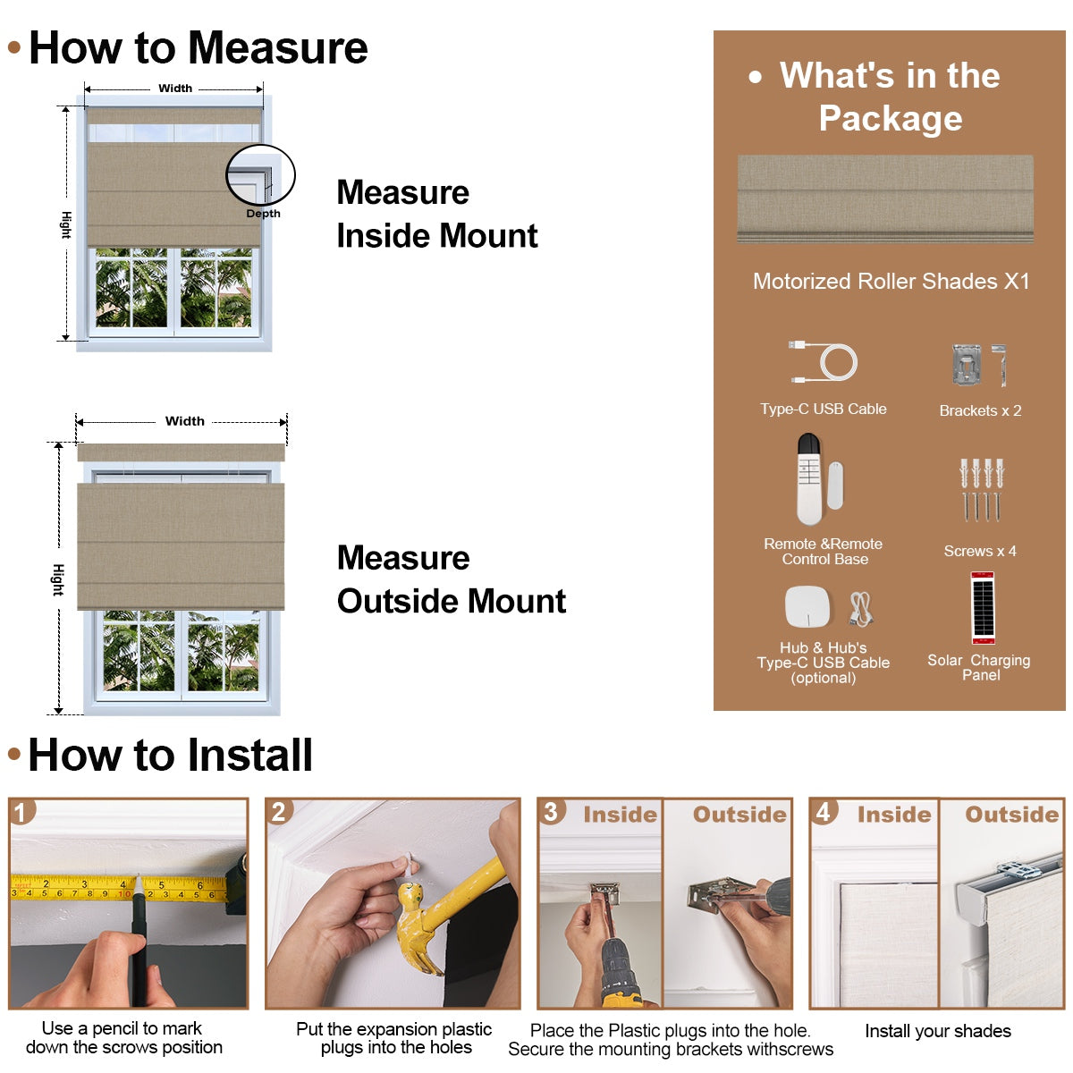 How to measure and install Berissa Motorized Top Down Bottom Up Custom Blackout Roman Shades with included tools.