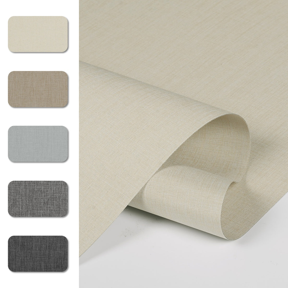 Berissa No Drill No Tools Top Down Bottom up Blackout Roman Shades fabric swatches in beige, gray, and dark colors.