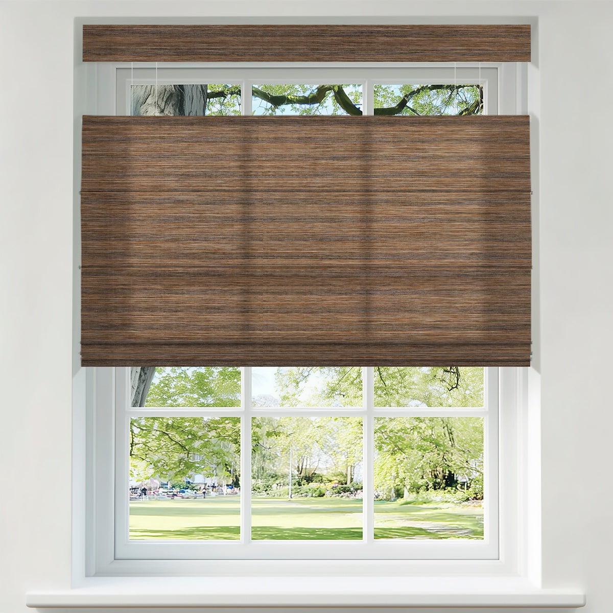 Berissa Woven Horizontal Texture Walnut Colored Roman Shade: Product Showcase Image