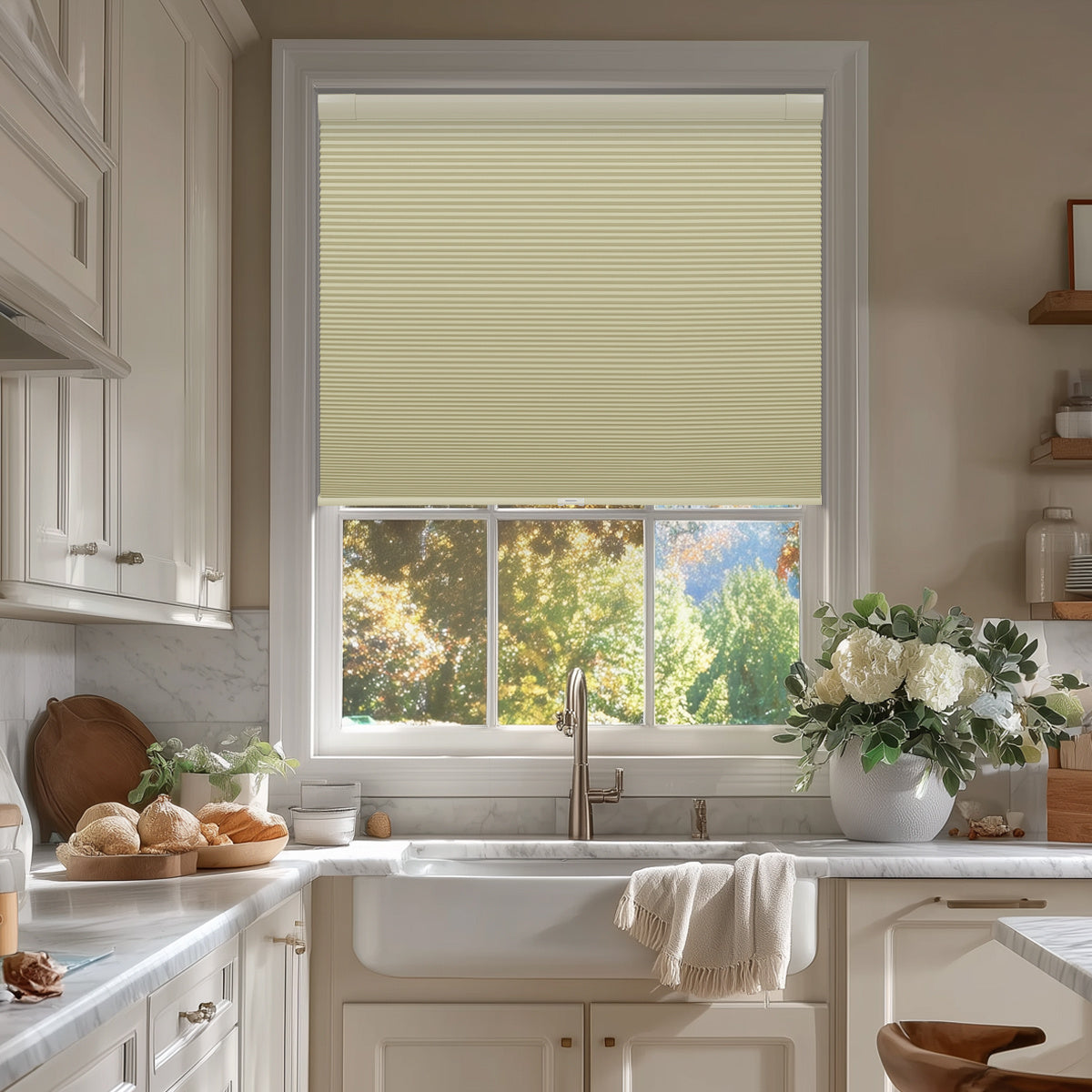 Berissa Budget-Friendly Classic No Drill Easy-Install Cellular Shades in a modern kitchen window.