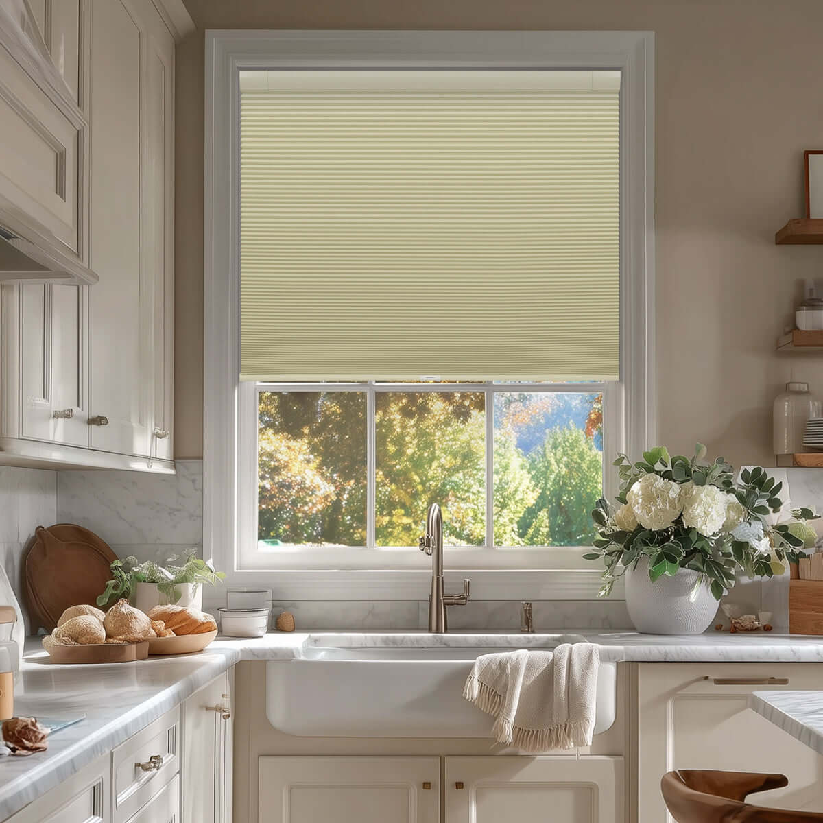 Berissa Budget-Friendly Classic No Drill Easy-Install Cellular Shades in a modern kitchen window.