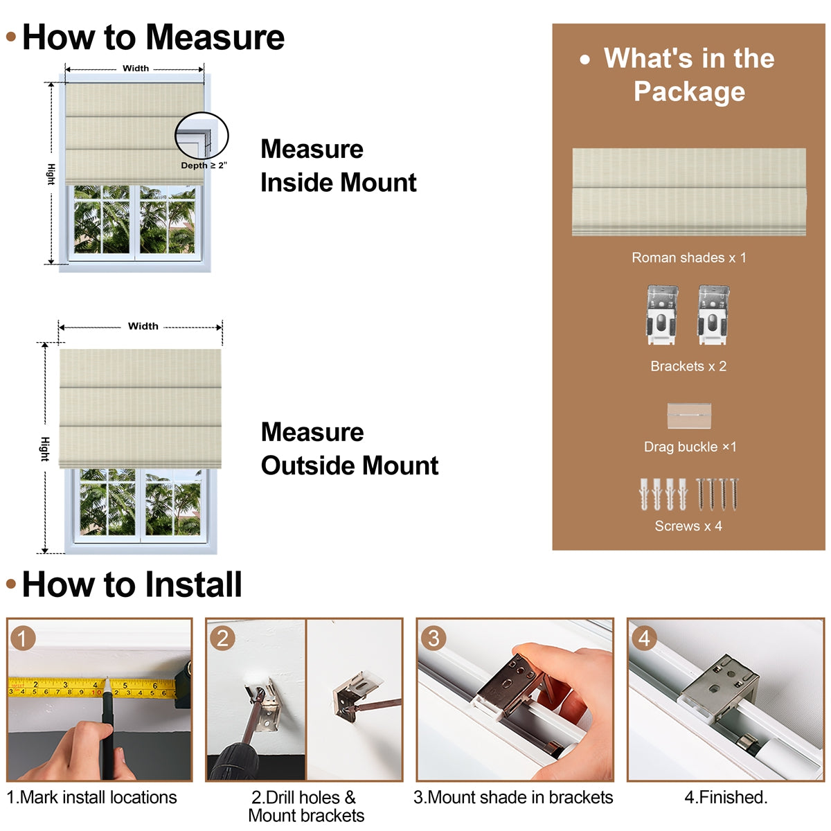 How to measure and install Berissa Natural Style Faux Bamboo Roman Shades, including package contents and installation steps.