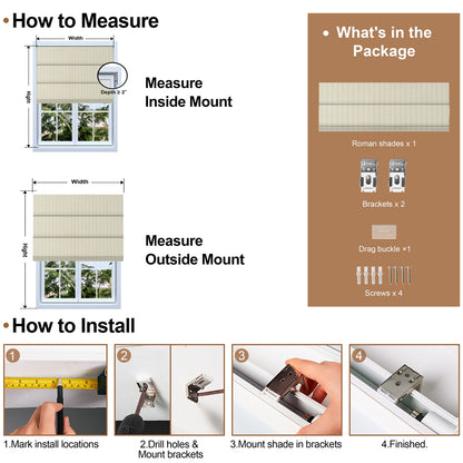 How to measure and install Berissa Natural Style Faux Bamboo Roman Shades, including package contents and installation steps.