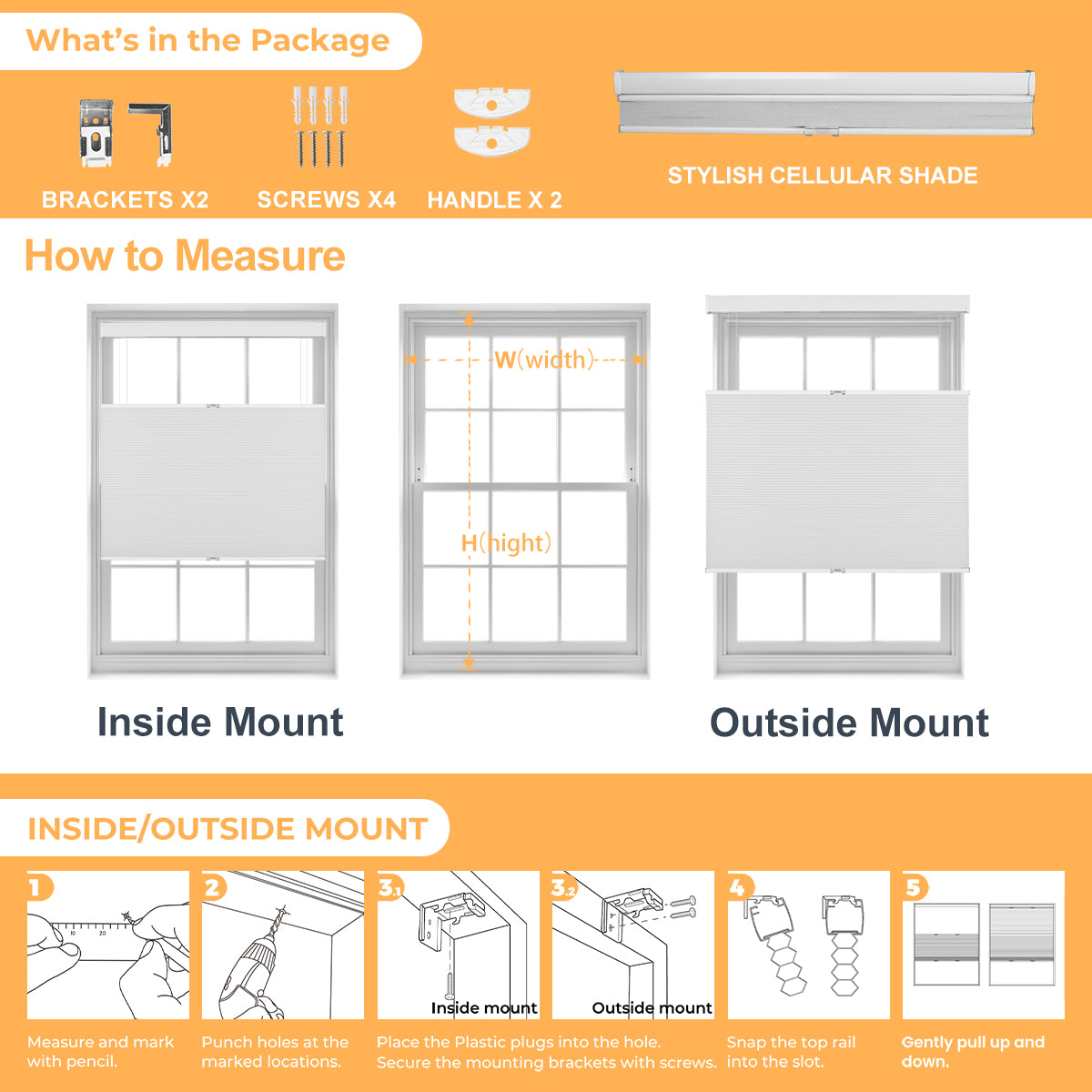 Berissa Classic Top Down Bottom Up Cellular Shades installation guide with measuring tips for inside and outside mount.
