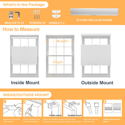Berissa Classic Top Down Bottom Up Cellular Shades installation guide with measuring tips for inside and outside mount.