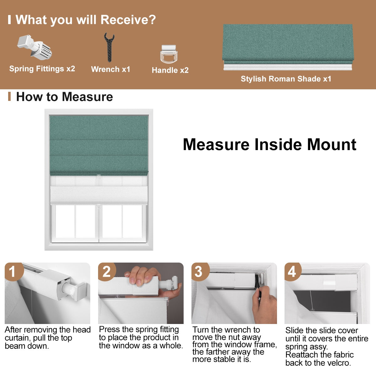 Berissa Vintage Blackout Green No Drill Double Shades Roman Shades installation guide with measurement tips.
