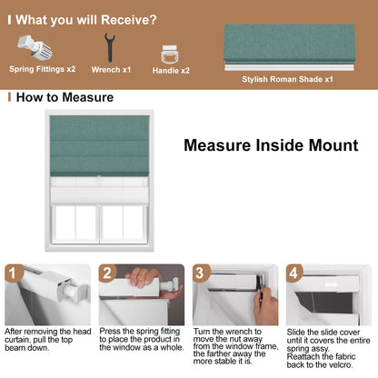 Berissa Vintage Blackout Green No Drill Double Shades Roman Shades installation guide with measurement tips.