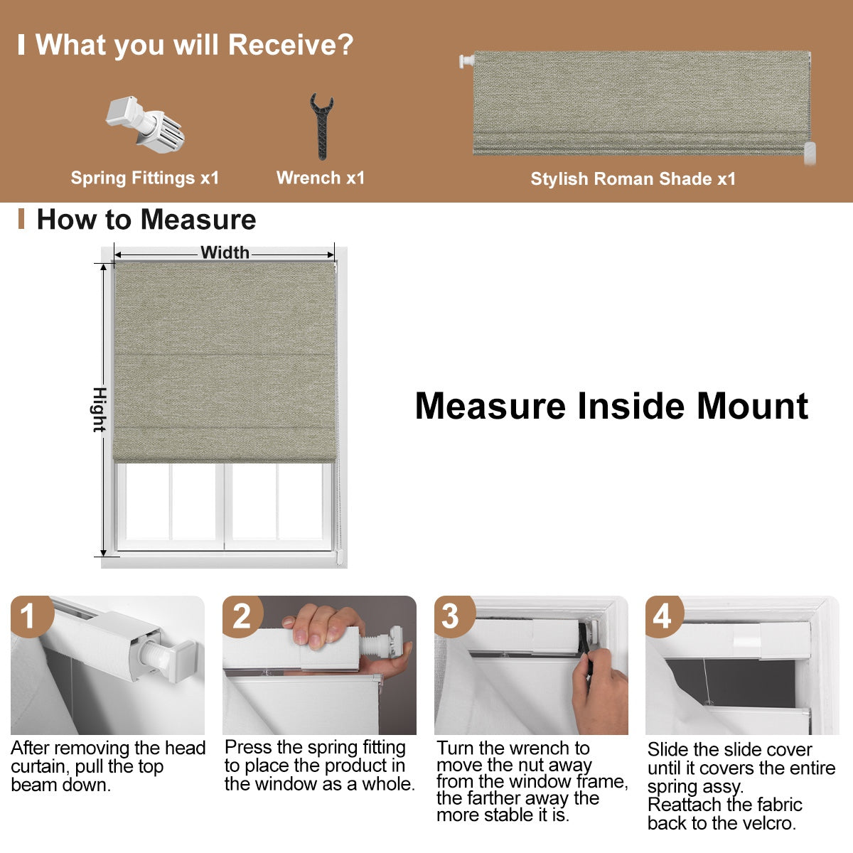 Berissa Smooth Cord Operation Blackout Linen No Drill Roman Shades instruction guide with measuring tips and included items.