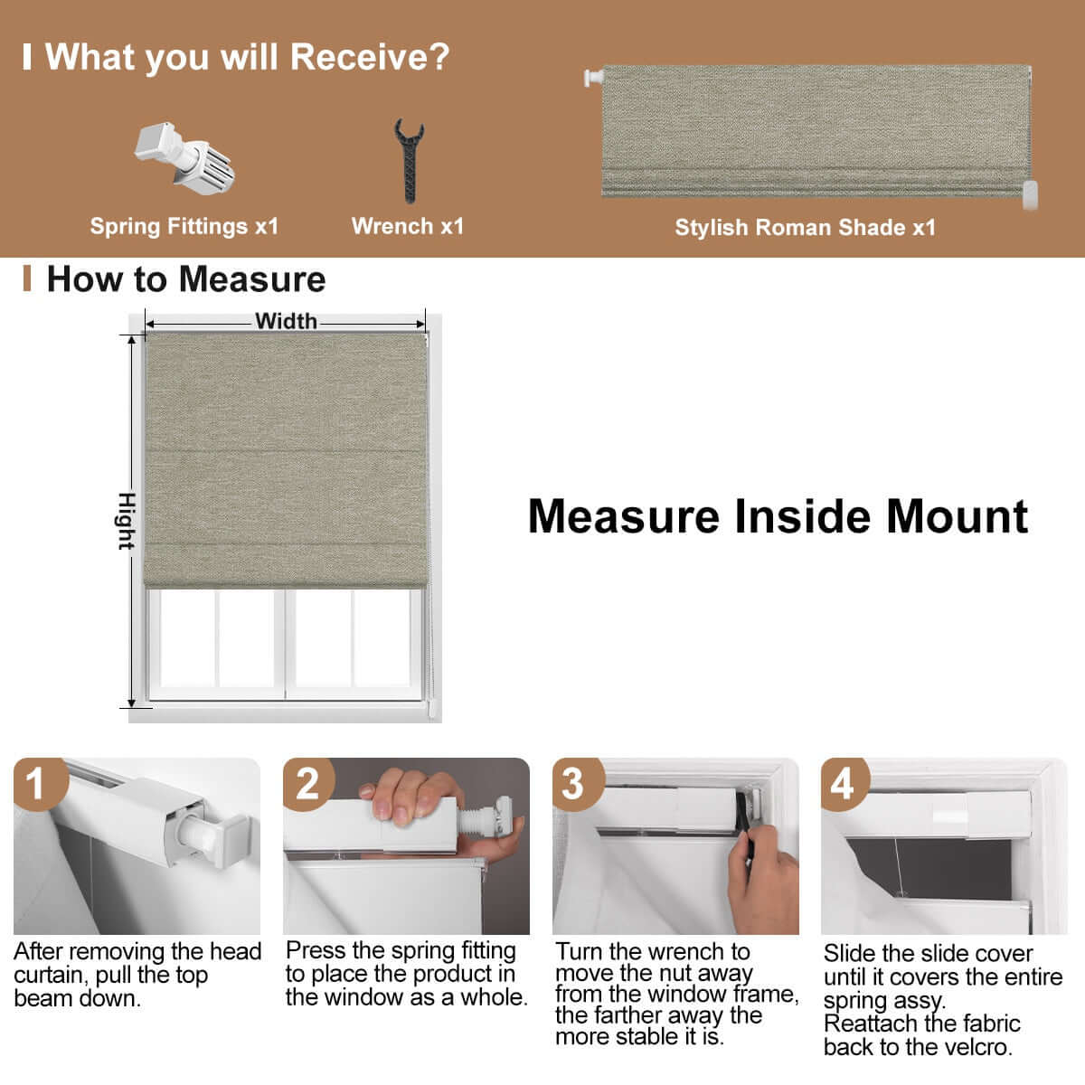 Berissa Smooth Cord Operation Blackout Linen No Drill Roman Shades: Installation & Hardware Diagram