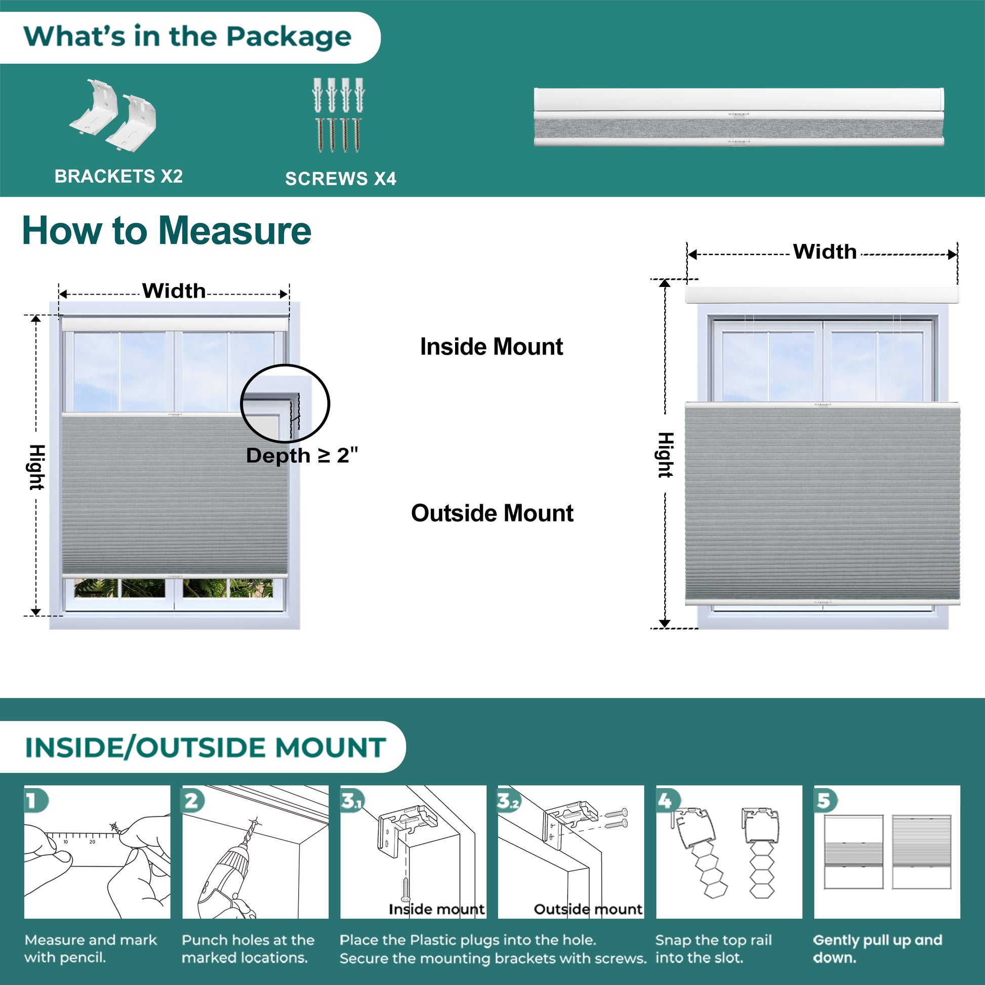 Berissa Double Cell Honeycomb Top Down Bottom Up Cellular Blinds: Installation & Hardware Diagram