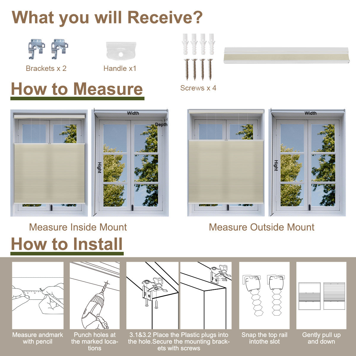 Berissa Shallow Depth Fit Cordless Top Down Bottom Up Cellular Shades installation guide and parts list.