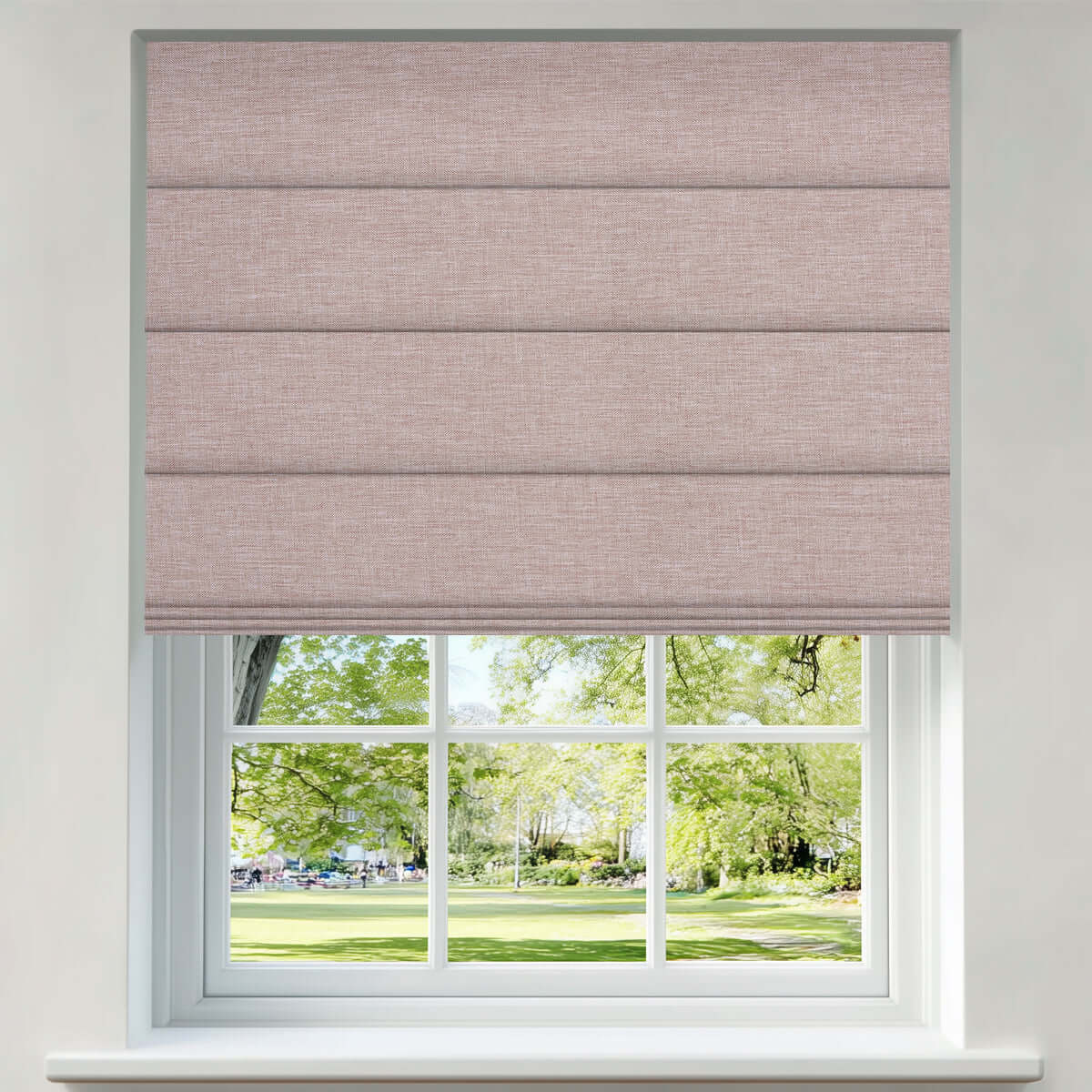 Berissa Simple Colors Uplifting Spaces Premium Linen Roman Shades adorning a window with a view of a lush garden.