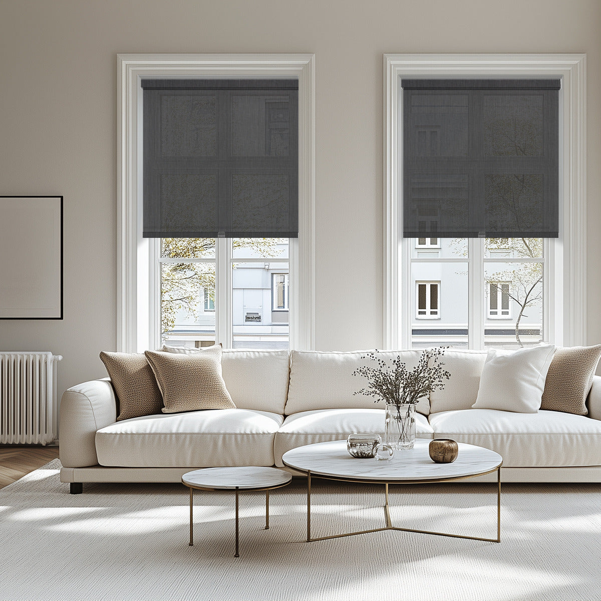 Elegant living room featuring Berissa Spring System Cordless Roller Shades in dark fabric.