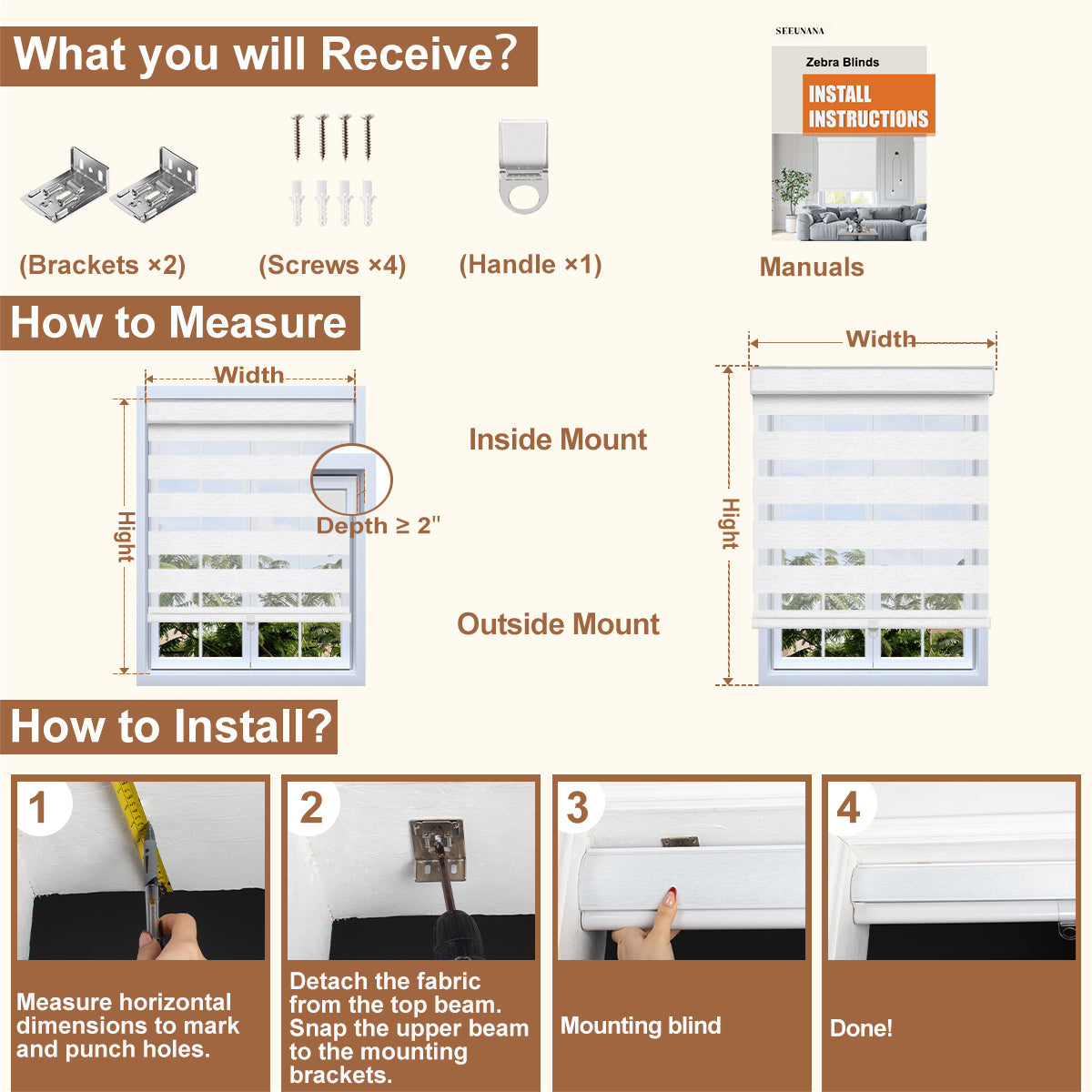 Installation guide for Berissa Wheat Inspired Blackout Free-Stop Zebra Blinds Cordless Child Safe with measurement instructions.