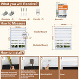 Installation guide for Berissa Wheat Inspired Blackout Free-Stop Zebra Blinds Cordless Child Safe with measurement instructions.