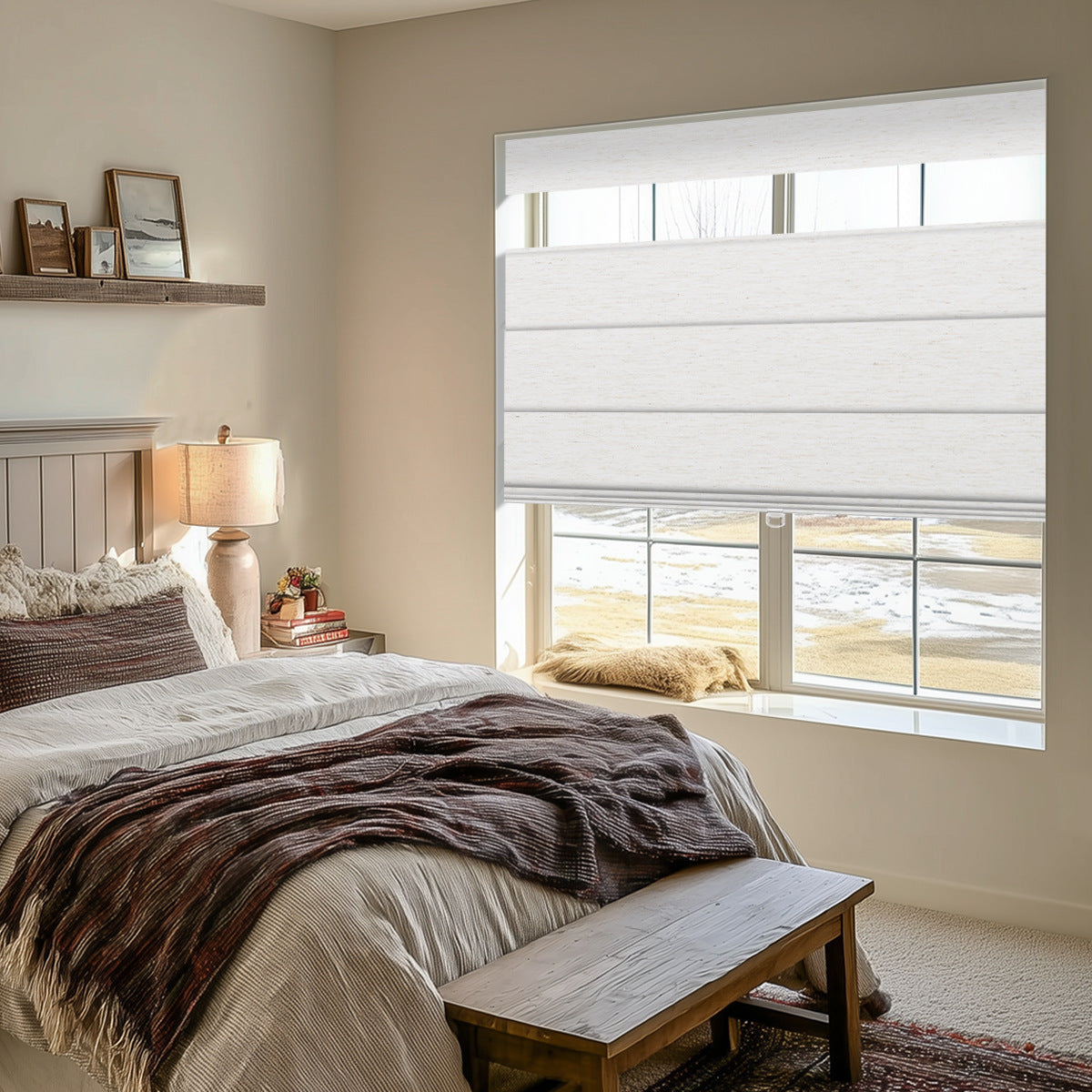 Berissa Classic Obscura Linen Blackout Linen No Drill Roman Shades in a cozy bedroom setting.
