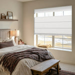 Berissa Classic Obscura Linen Blackout Linen No Drill Roman Shades in a cozy bedroom setting.