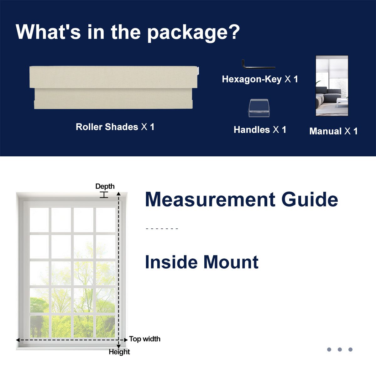 What's included with Berissa Integrated Valance Linen Texture Roller Shades package and measurement guide.
