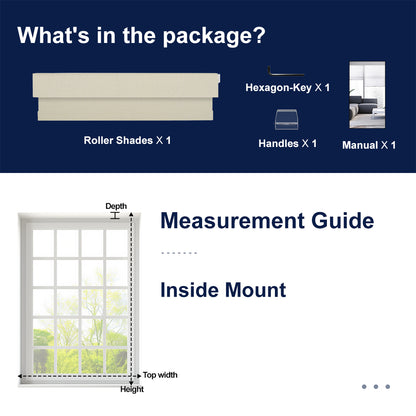 What's included with Berissa Integrated Valance Linen Texture Roller Shades package and measurement guide.