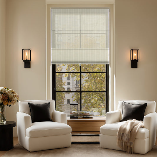 Cozy living room featuring Berissa Light Filtering Imitation Bamboo No Drill Roman Shades in a bright window.